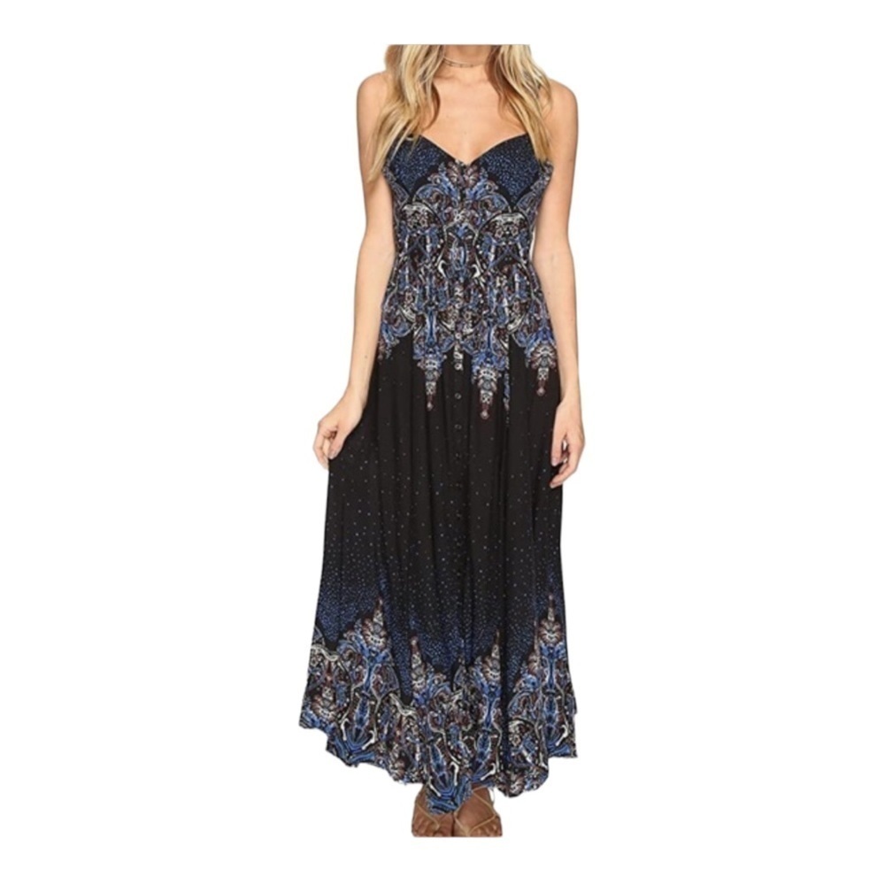FREE PEOPLE Black Blue Boho Printed Sleeveless Button Front Maxi Dress Small - Picture 7 of 16